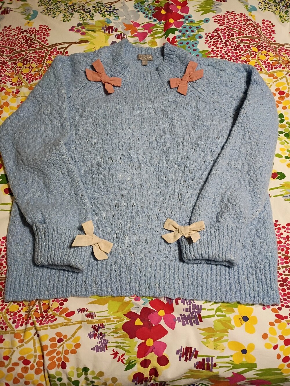 J. Crew Size XXL Light Blue Crewneck Sweater with Bow Accents